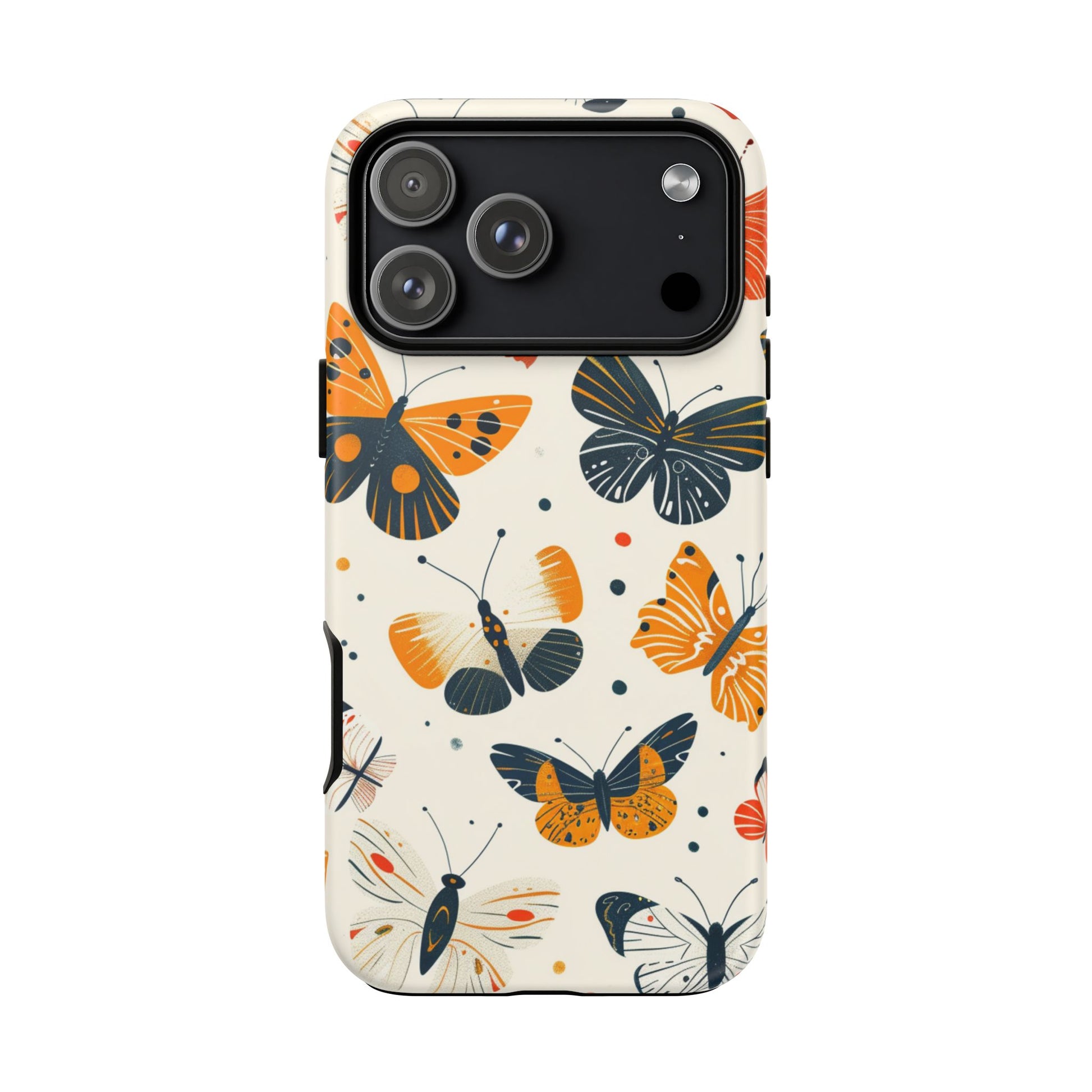 Retro butterfly tough phone case for iPhone 17 Pro Max - vintage cartoon butterflies orange navy cream protective cover
