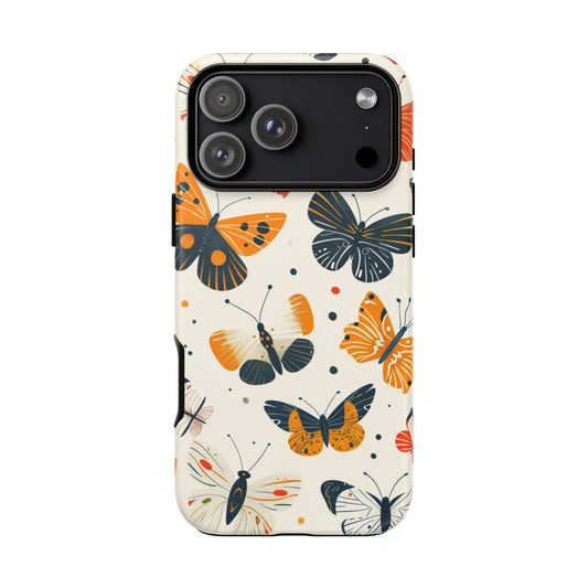 Retro butterfly tough phone case for iPhone 17 Pro Max - vintage cartoon butterflies orange navy cream protective cover

