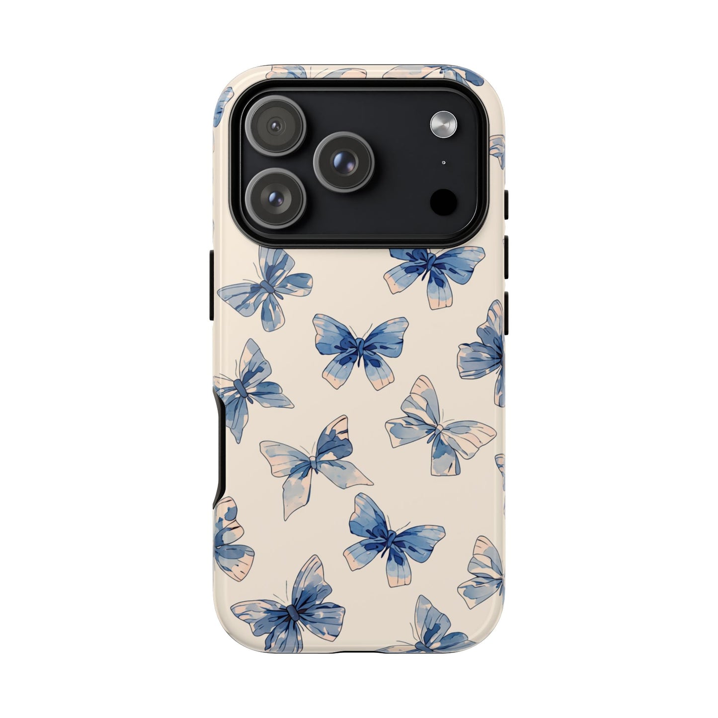 Watercolor floral tough phone case - Serene blue butterfly art with full-wrap design and impact resistance
