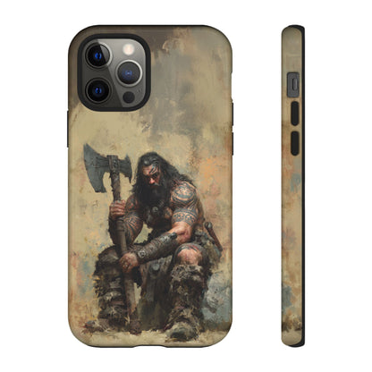 Rugged Viking warrior phone case with axe and painterly art
