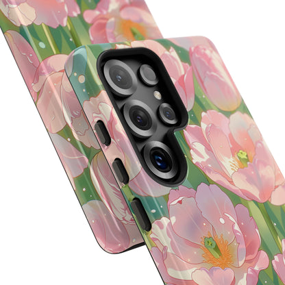 Floral Tulip Tough Phone Case - Pink Spring Blossom Watercolor Pattern Cover for iPhone, Samsung Galaxy & Google Pixel