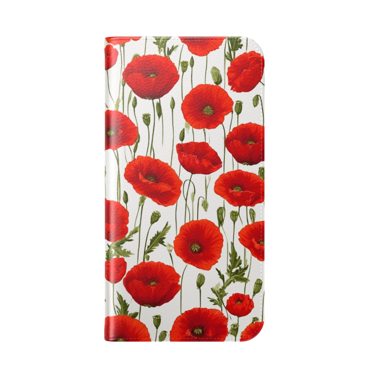 Red poppy flower pattern phone wallet case with D-ring attachment for wrist strap
