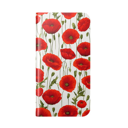 Red poppy flower pattern phone wallet case with D-ring attachment for wrist strap
