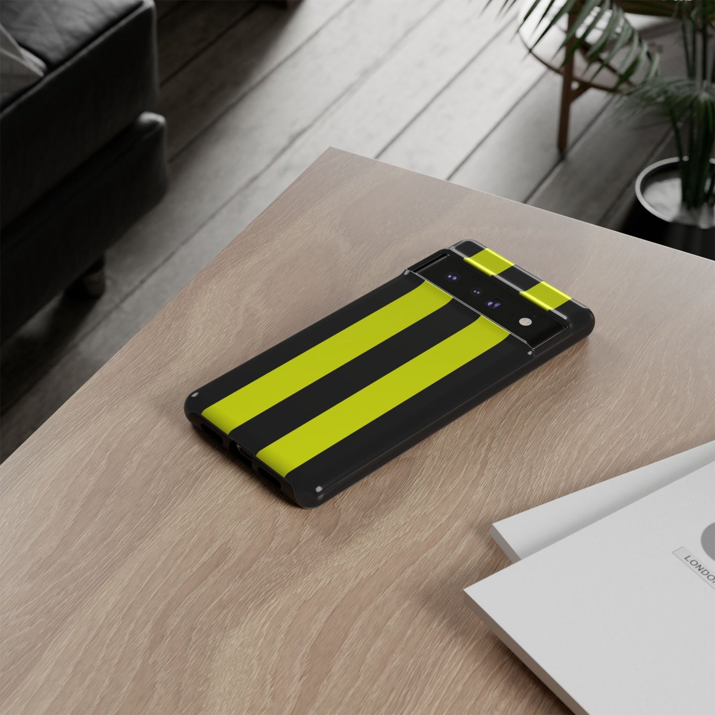 Classic yellow black racing stripe pattern phone case with premium UV print and wireless charging support
