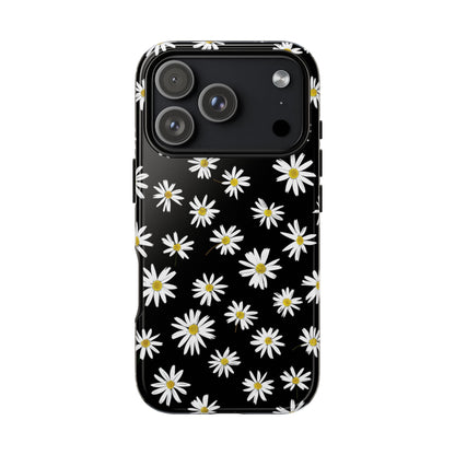 Coque de téléphone résistante à motif marguerites - Coque de protection florale noire pour iPhone, Samsung Galaxy et Google Pixel