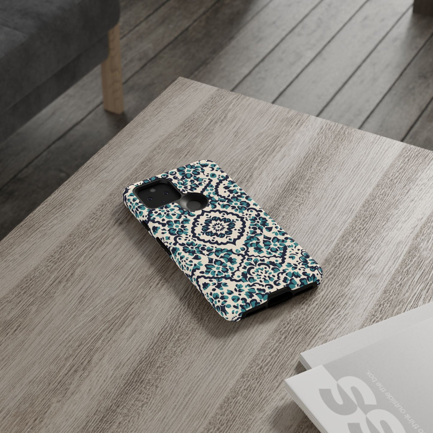 Floral Damask Tough Case - Teal Navy Pattern on Cream - Camera Cutout Detail
