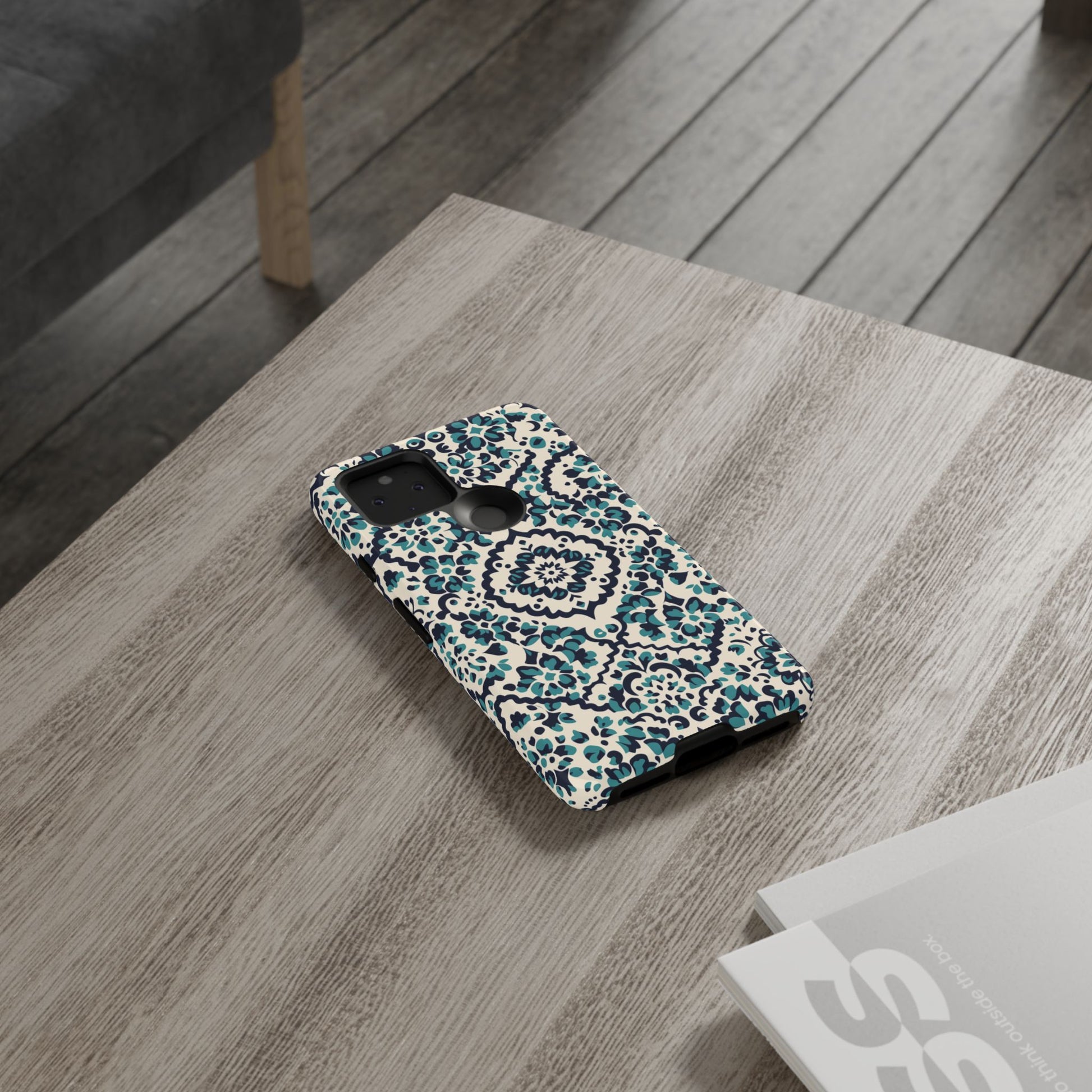Floral Damask Tough Case - Teal Navy Pattern on Cream - Camera Cutout Detail
