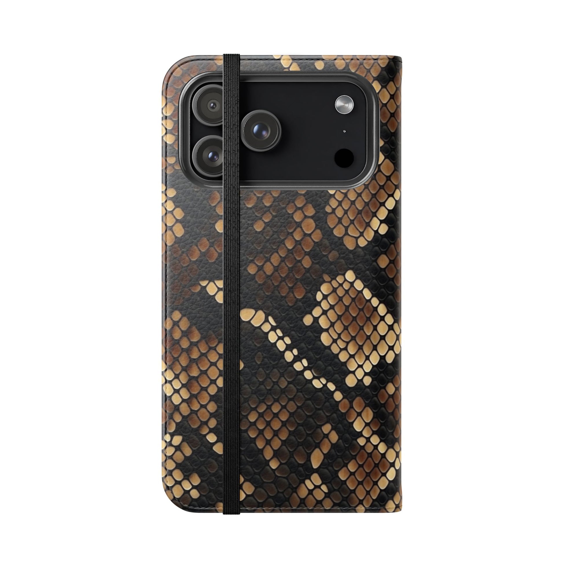 Faux python leather flip case with reptile print pattern, built-in kickstand and card holder slots for all phones
