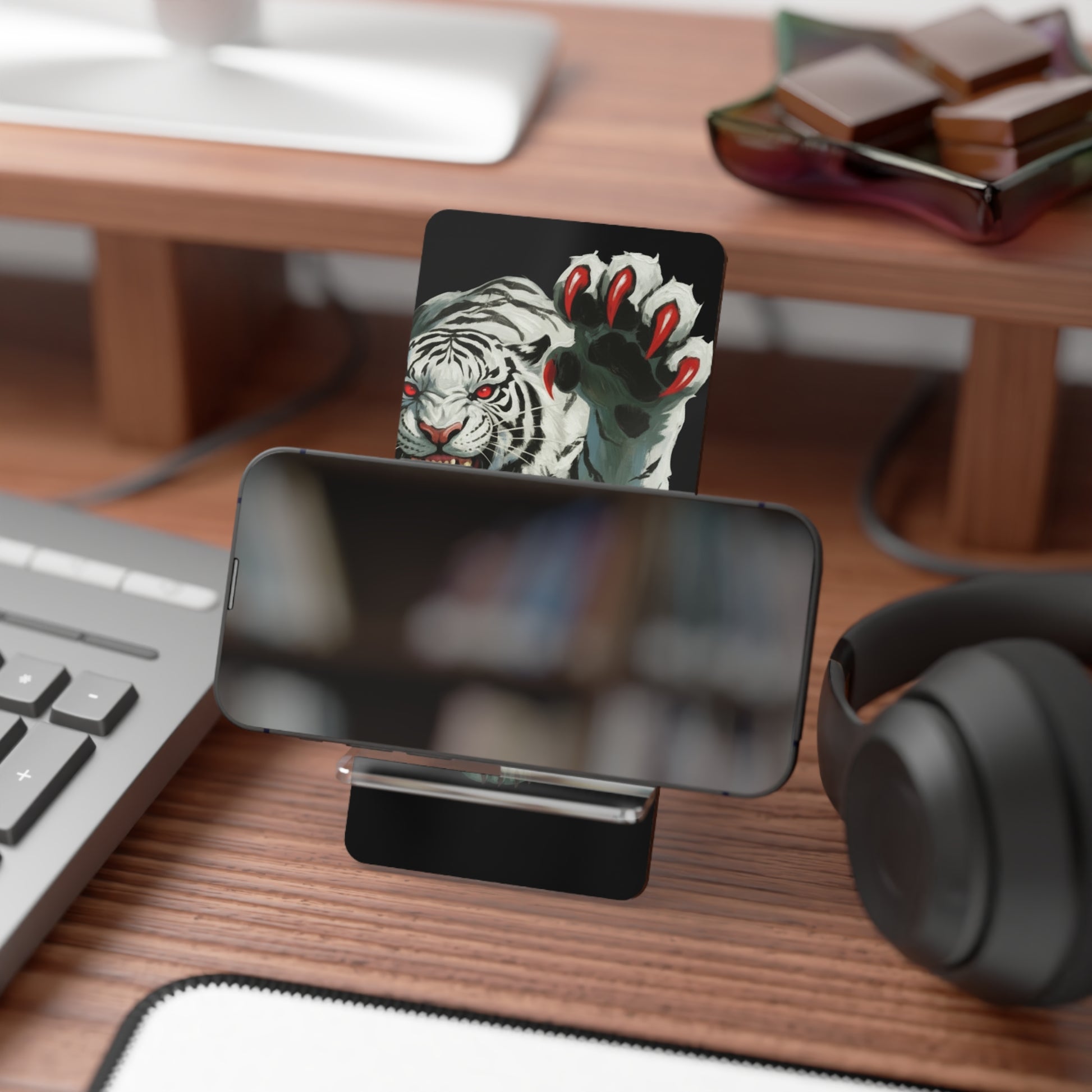 White Tiger Phone Stand - Black Stripes Red Eyes and Claws on Black Background
