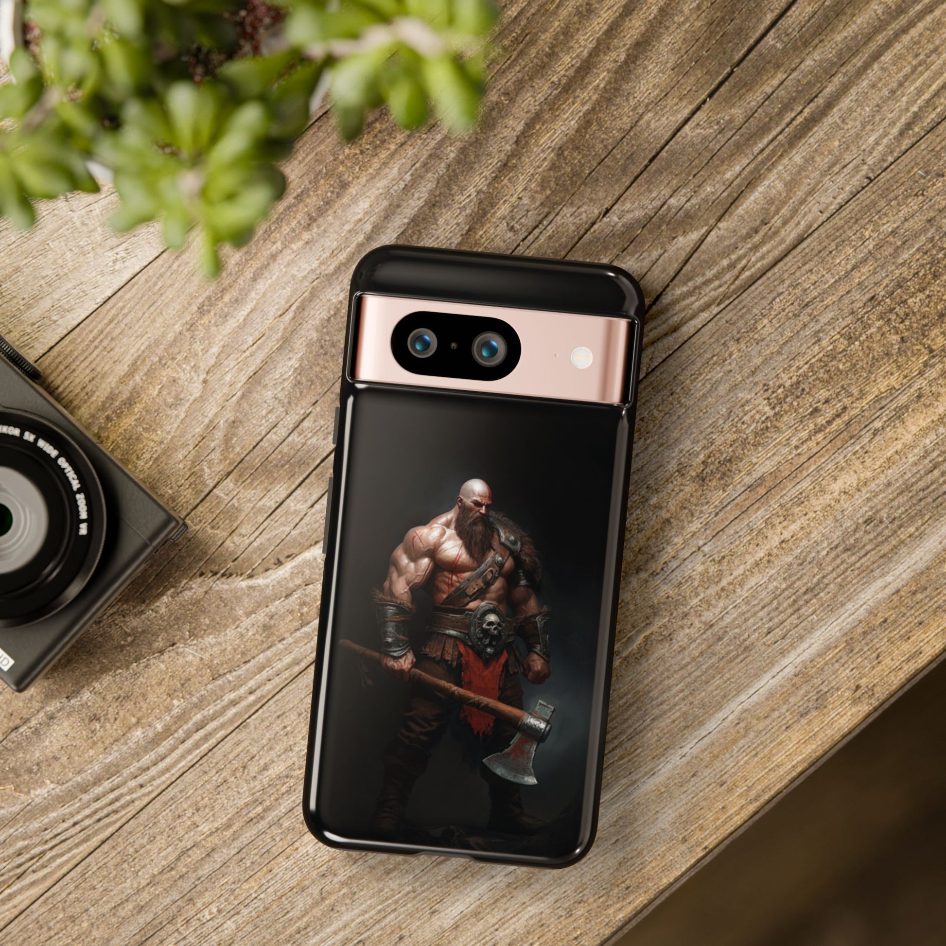 Viking warrior phone case with muscular axe fighter illustration - Premium dual-layer protection for iPhone, Samsung Galaxy & Google Pixel
