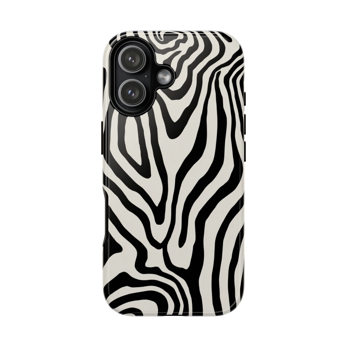 Black and white zebra pattern phone case - striking monochrome swirl design with UV-resistant print and wireless charging
