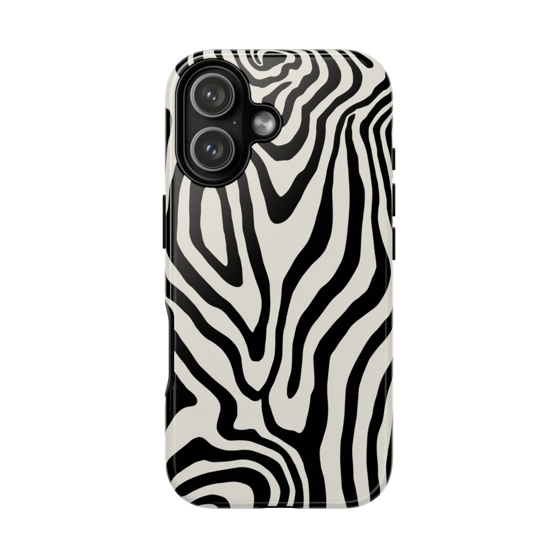 Black and white zebra pattern phone case - striking monochrome swirl design with UV-resistant print and wireless charging
