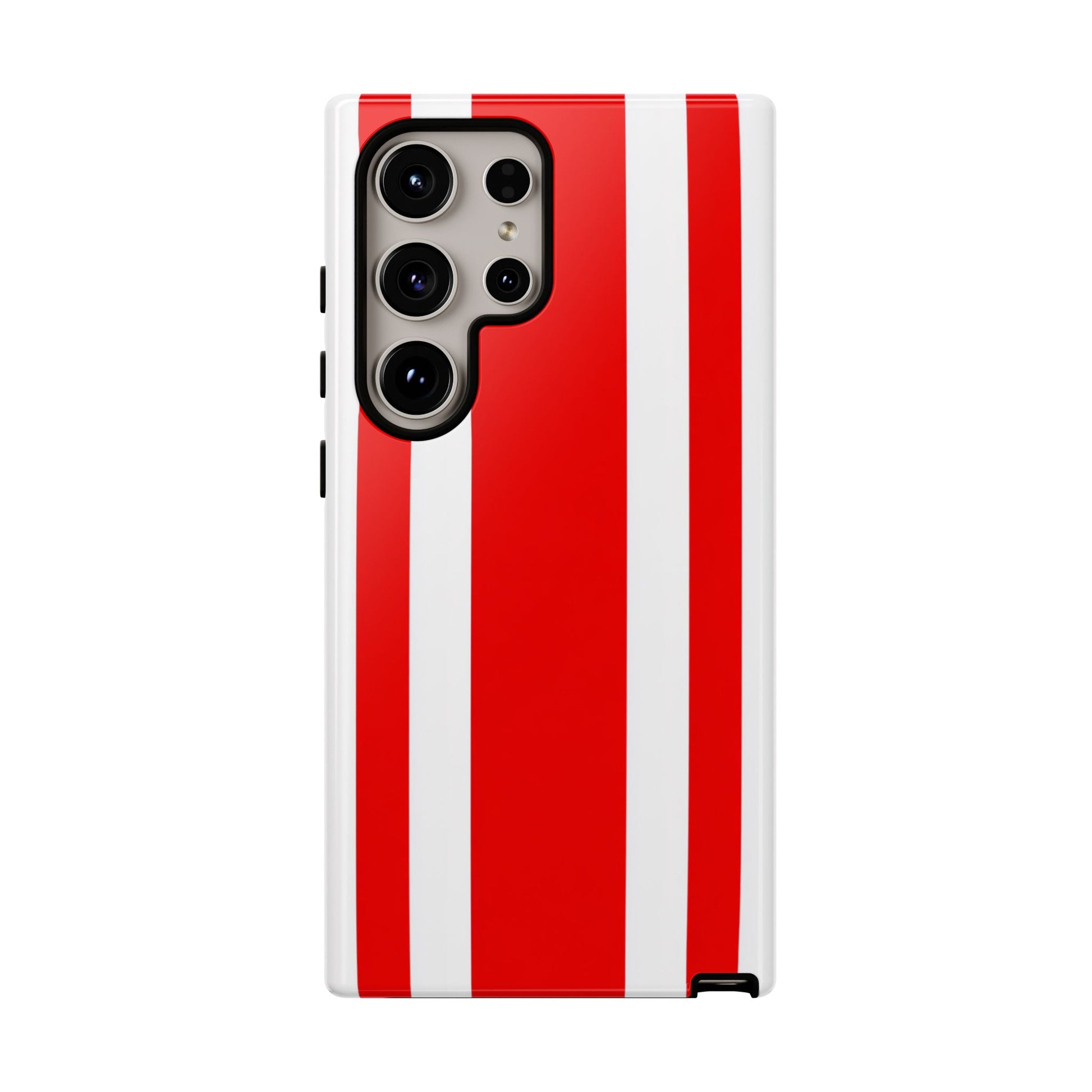 Sporty red and white racing stripe phone case with clean minimalist design and precise cutouts
