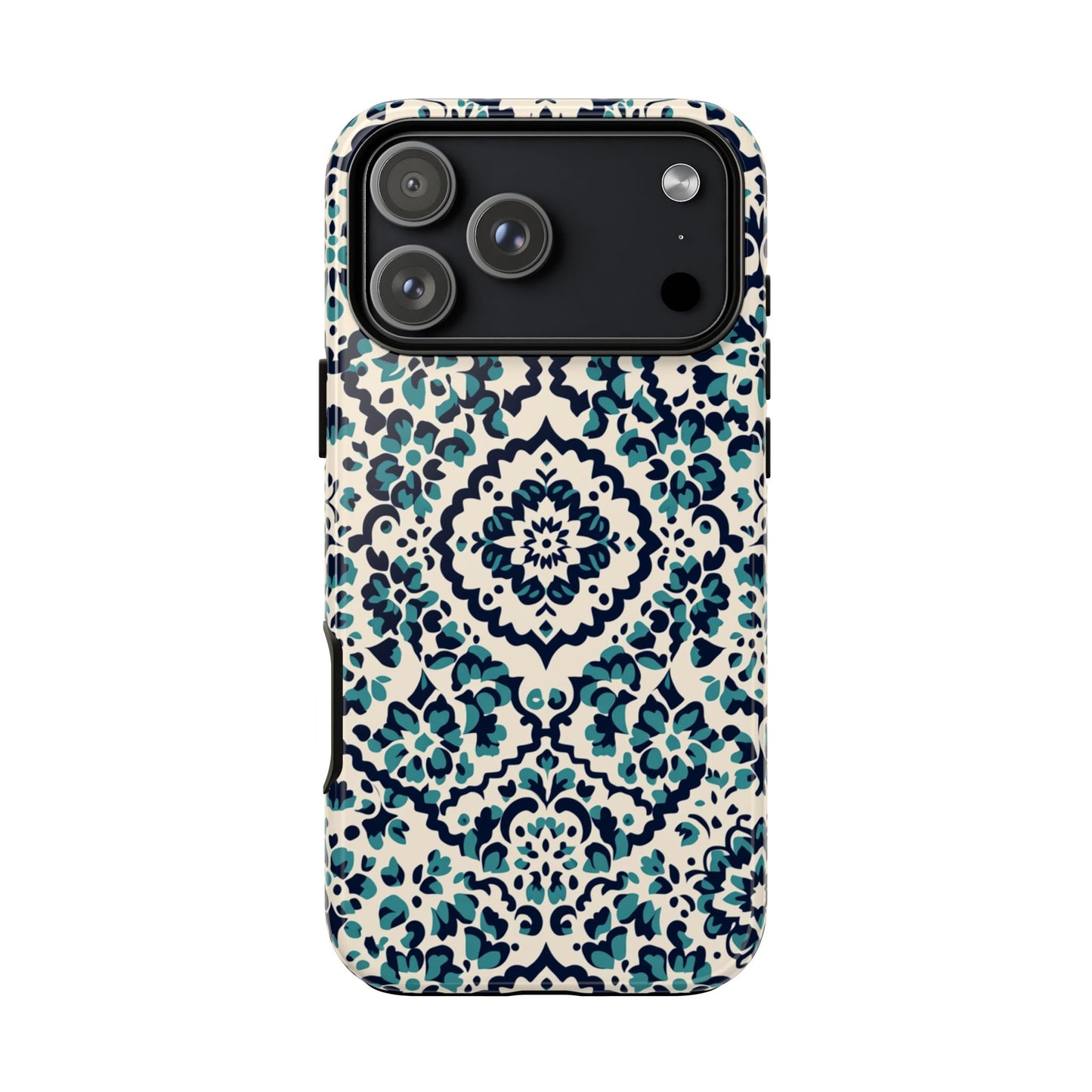 Florales Damast Tough Handyhülle – Petrol-Navy Gemusterter Schutzhülle für iPhone, Samsung Galaxy & Google Pixel