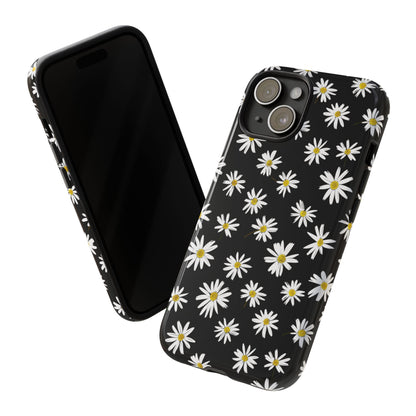 Coque de téléphone résistante à motif marguerites - Coque de protection florale noire pour iPhone, Samsung Galaxy et Google Pixel