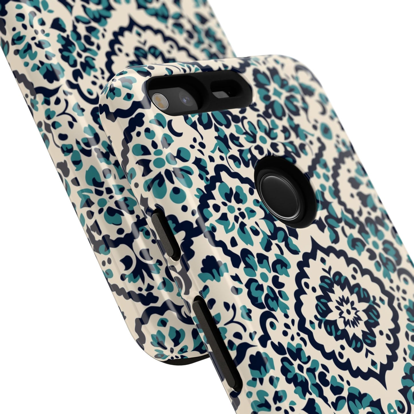 Watercolor Floral Phone Case - Teal Navy Damask Pattern - Protective Cover Back View
