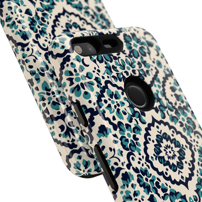 Watercolor Floral Phone Case - Teal Navy Damask Pattern - Protective Cover Back View
