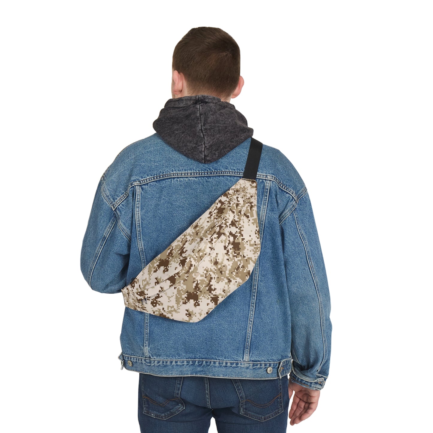 Man wearing desert pixel camo fanny pack crossbody – sandy camouflage waist bag outdoors
