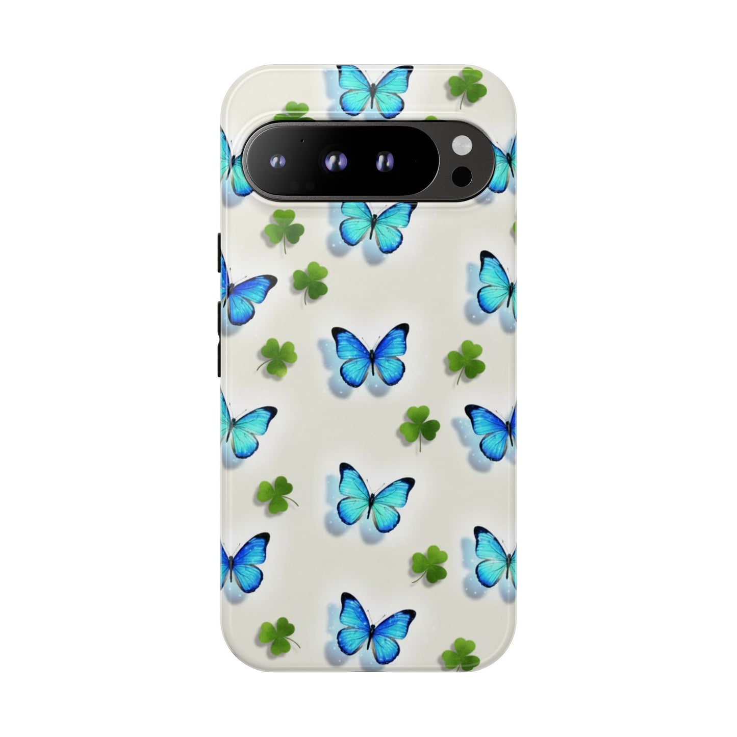 Schutzhülle für iPhone, Samsung Galaxy & Google Pixel mit Schmetterlings- & Glücksklee-Motiv — Robuste Schutzhülle mit blauem Schmetterlingsmuster