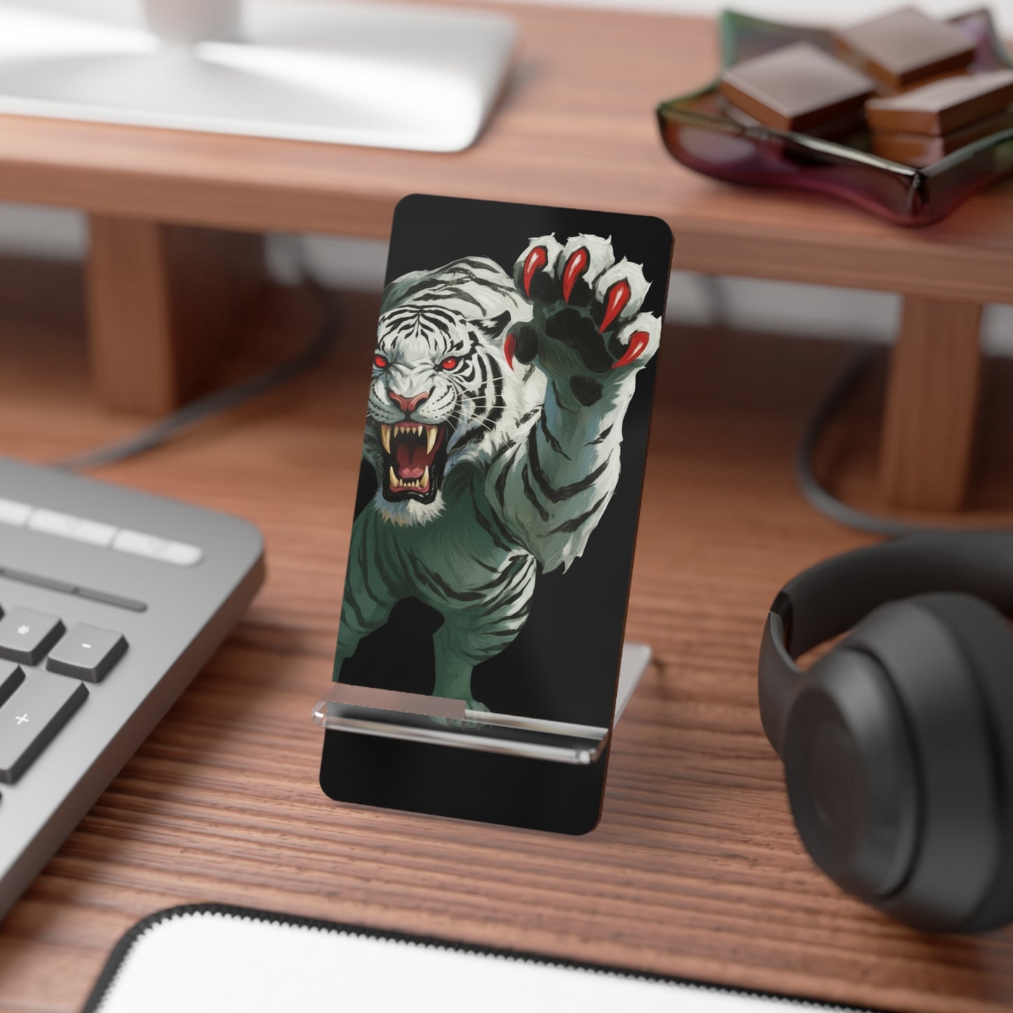 White Tiger Phone Stand - Black Stripes Red Eyes and Claws on Black Background
