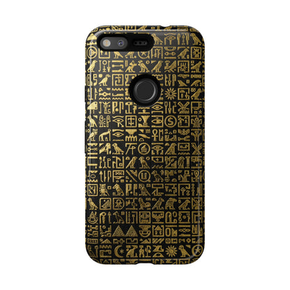 Funda resistente con jeroglíficos egipcios - Patrón de símbolos antiguos en negro y dorado para iPhone, Samsung Galaxy y Google Pixel