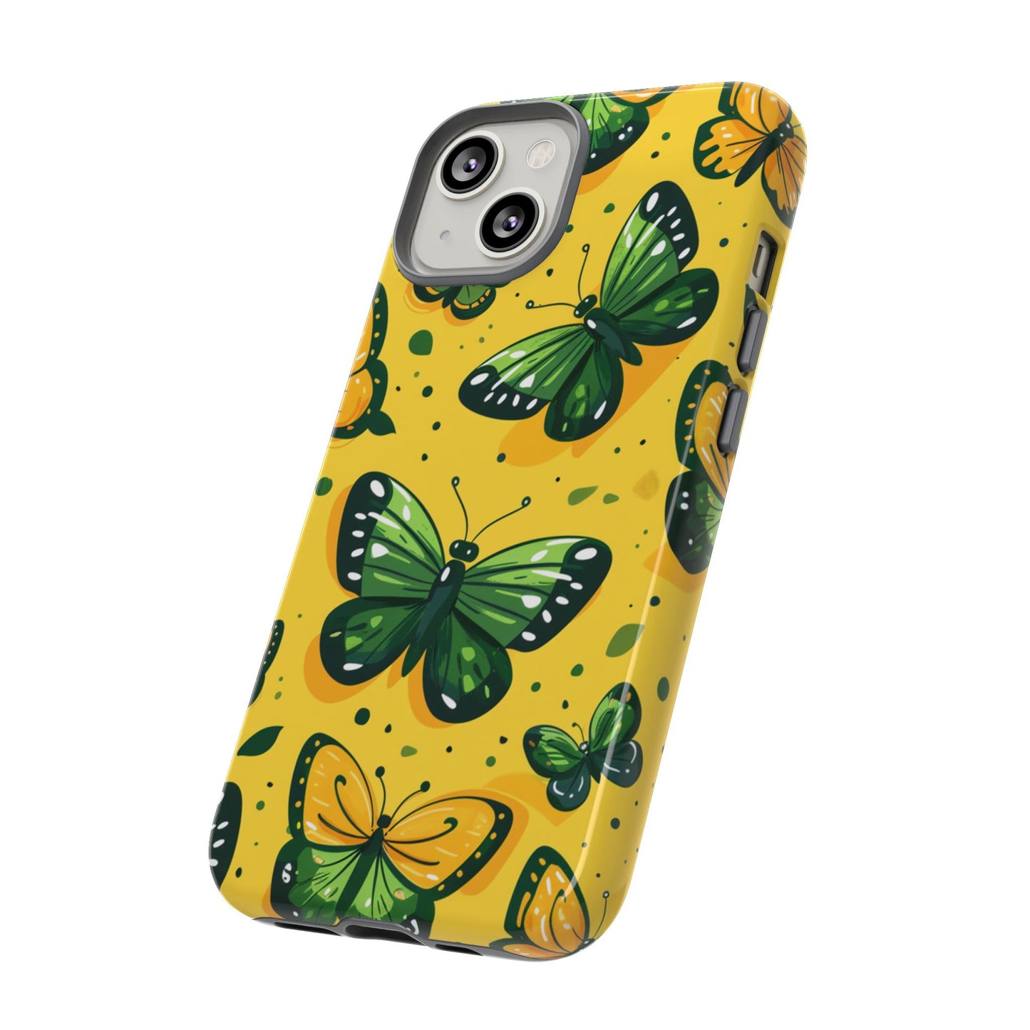 Robuste Handyhülle mit grünen Schmetterlingen – Schutzhülle mit gelbem Cartoon-Design für iPhone, Samsung Galaxy & Google Pixel