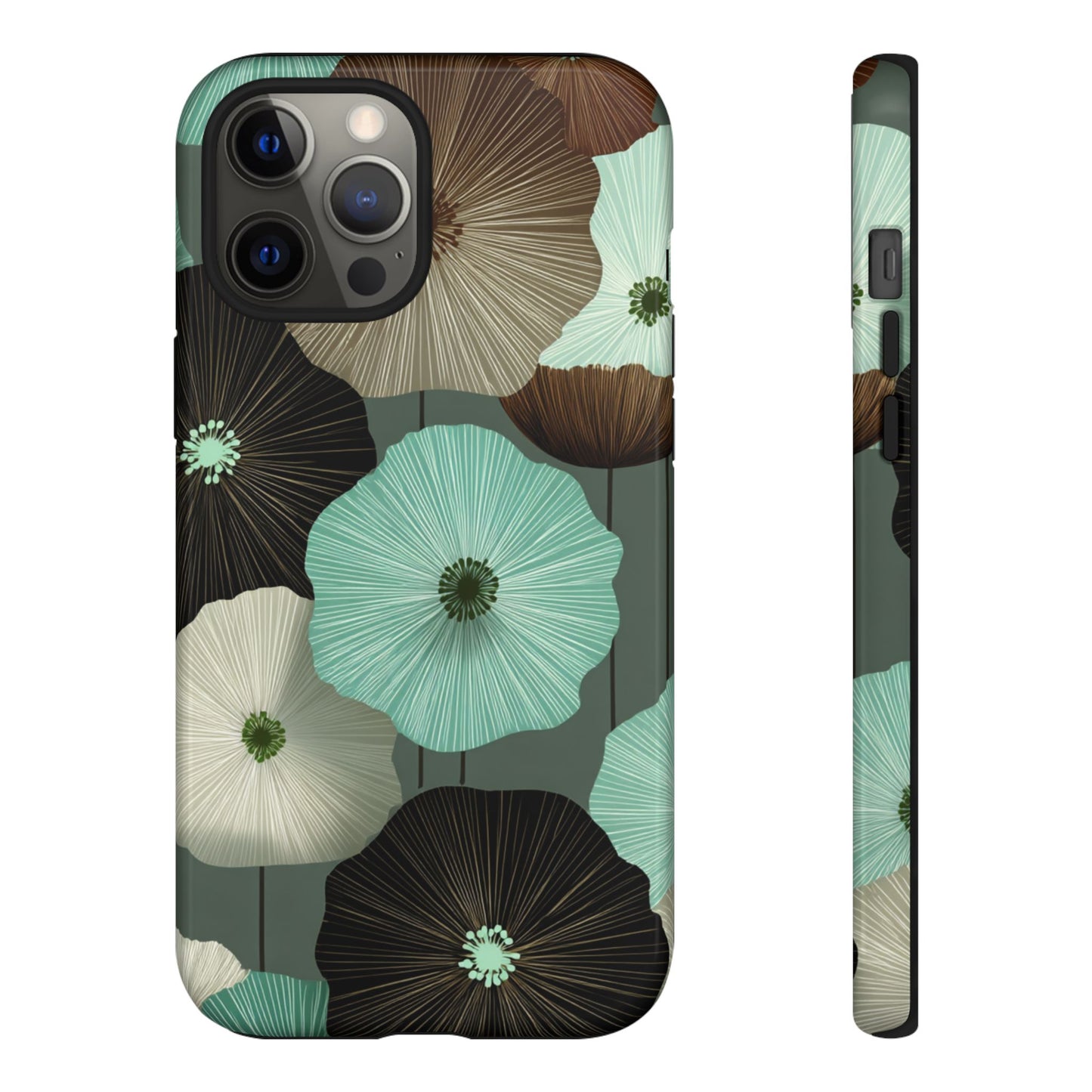 Floral Tough Phone Case - Teal & Brown Poppy Protective Cover for iPhone, Samsung Galaxy & Google Pixel
