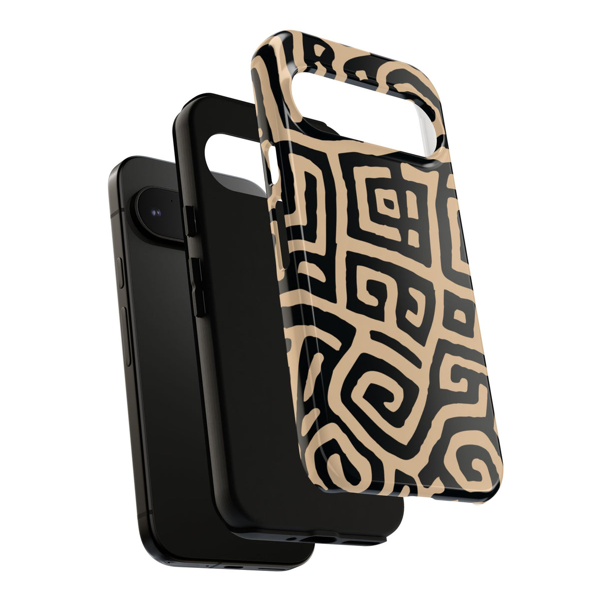 African Tribal Labyrinth Phone Case — Beige & Black Geometric Pattern Protective Cover for iPhone, Samsung Galaxy & Google Pixel