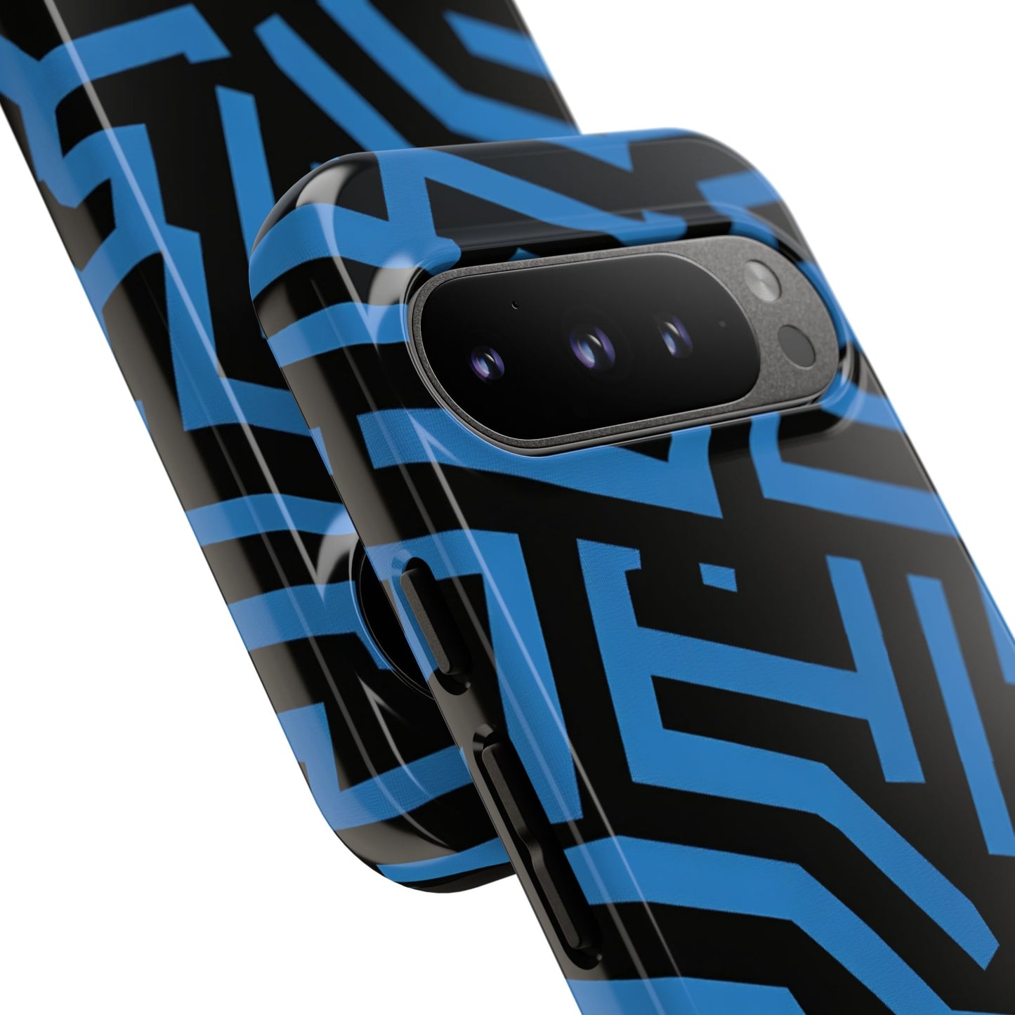 Urban style phone case with striking blue maze pattern
