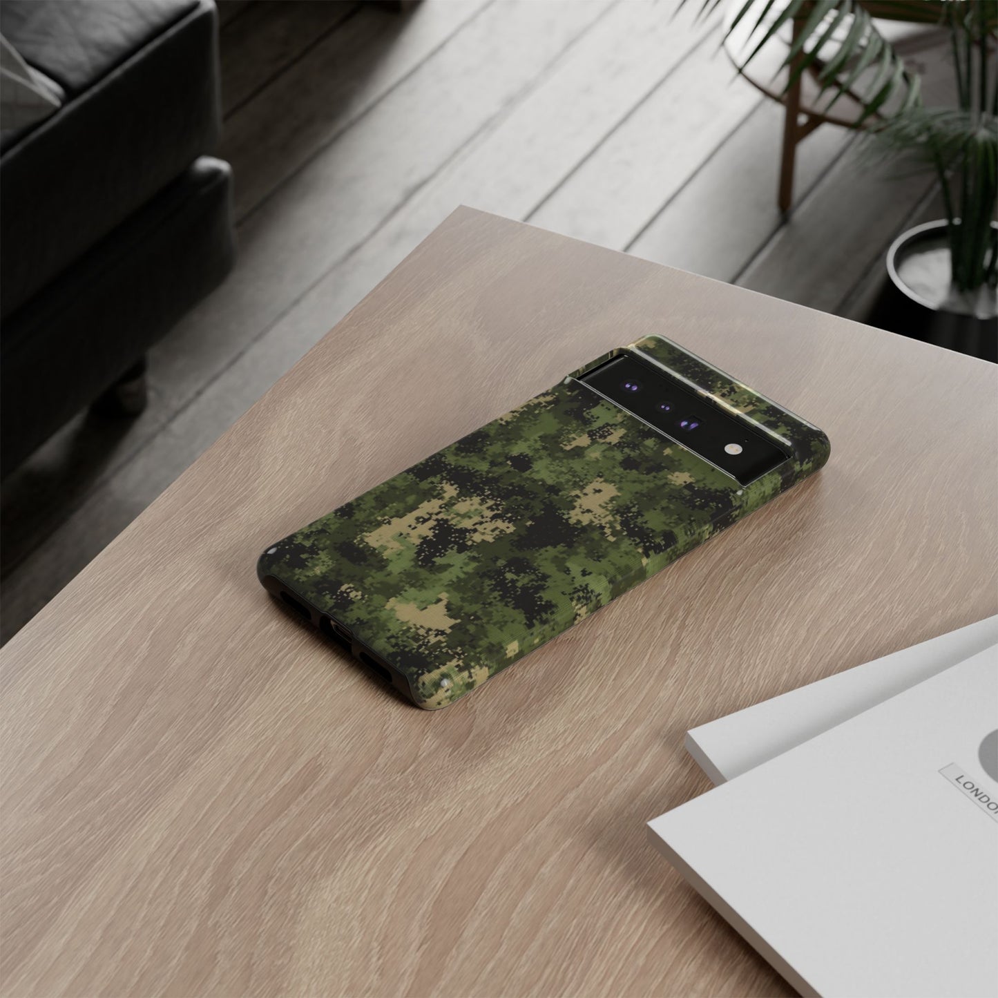 Camouflage tough phone case back view – impact-resistant green camo cover with slim profile
