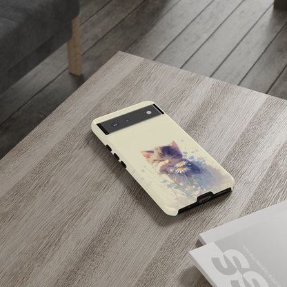 Dreamy watercolor kitten phone case among white daisies - slim profile protective cover for cat enthusiasts
