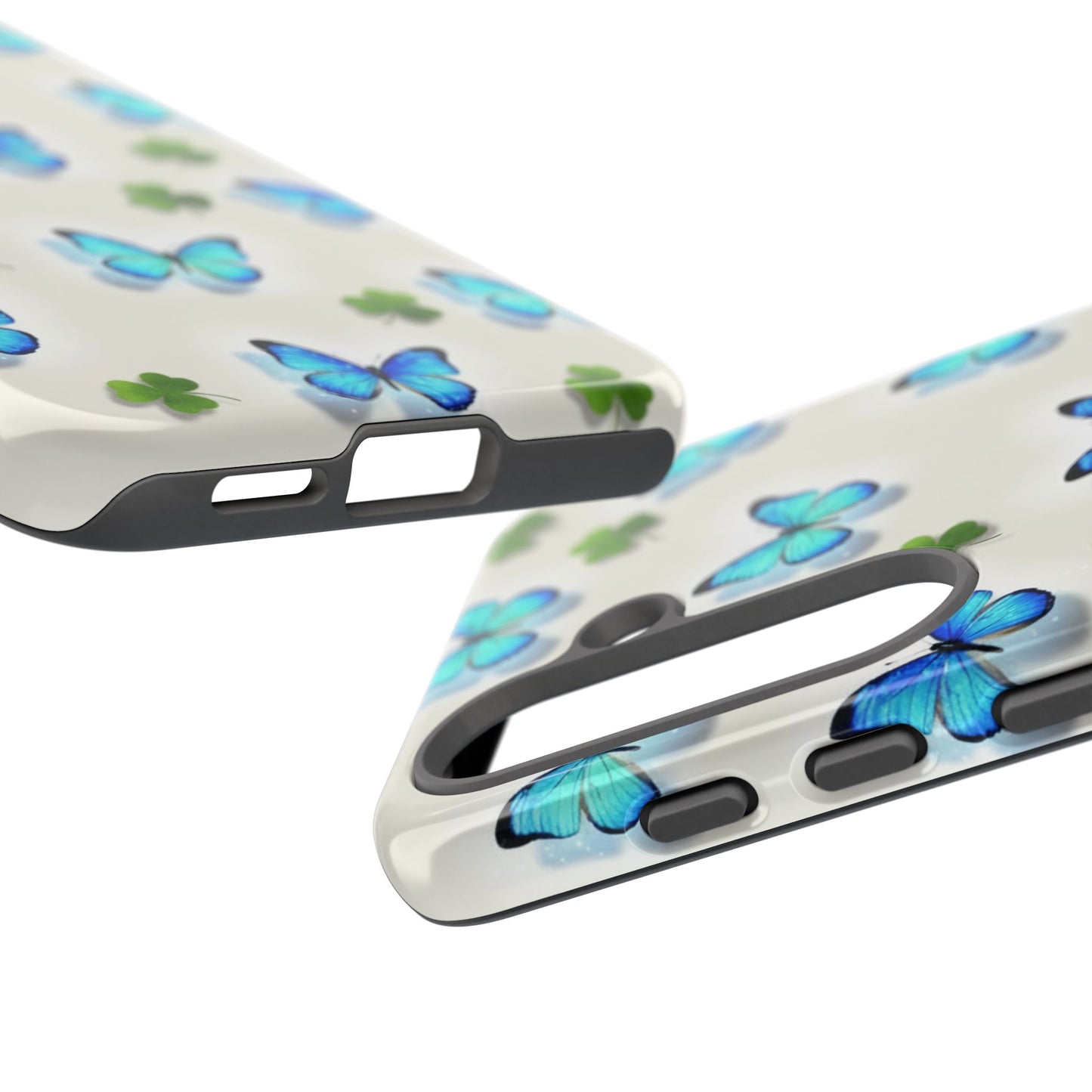 Funda protectora resistente con diseño de mariposas y trébol de la suerte para iPhone, Samsung Galaxy y Google Pixel: diseño de mariposas azules
