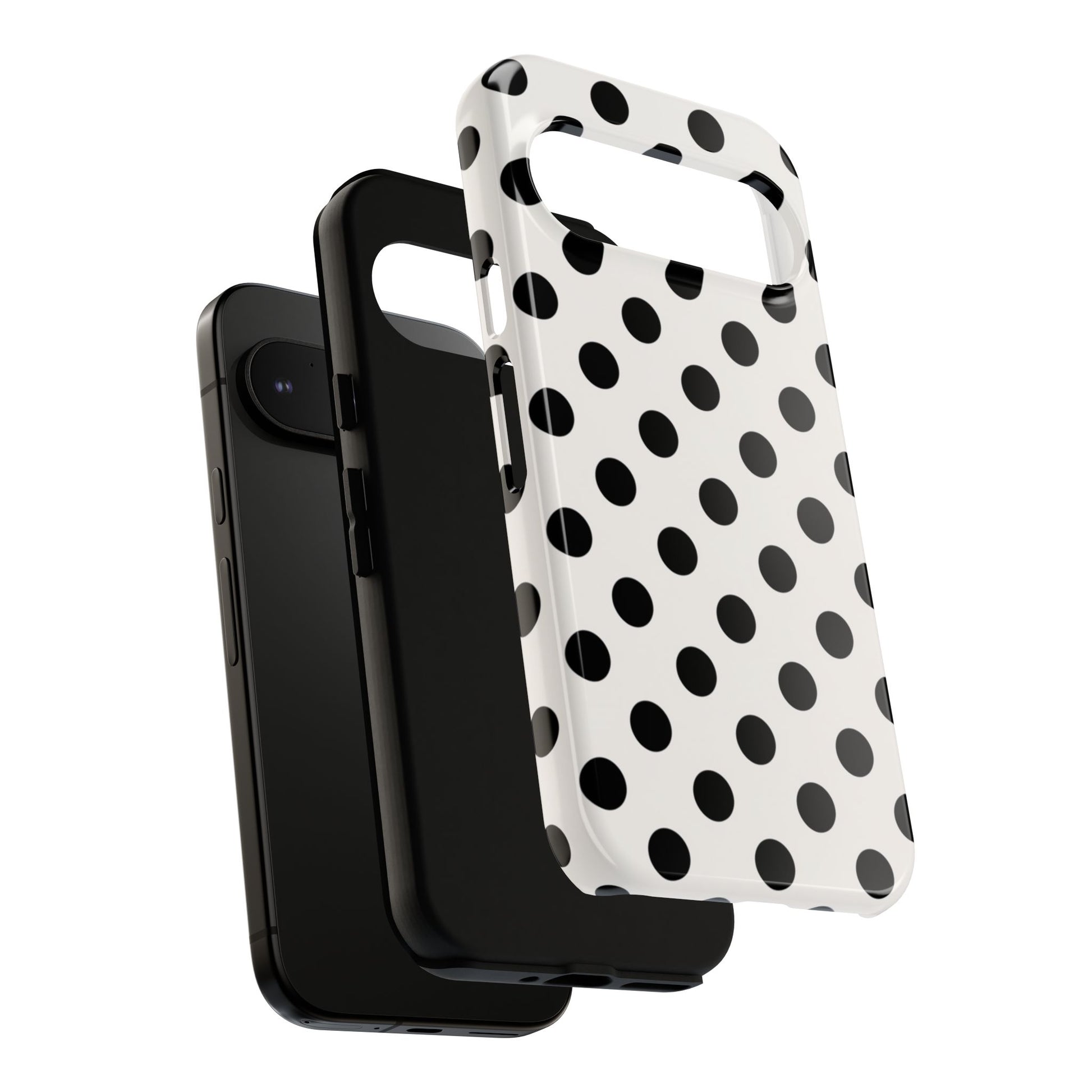 Black polka dot phone case with timeless retro pattern, premium quality protective cover for iPhone, Samsung Galaxy, and Google Pixel smartphones
