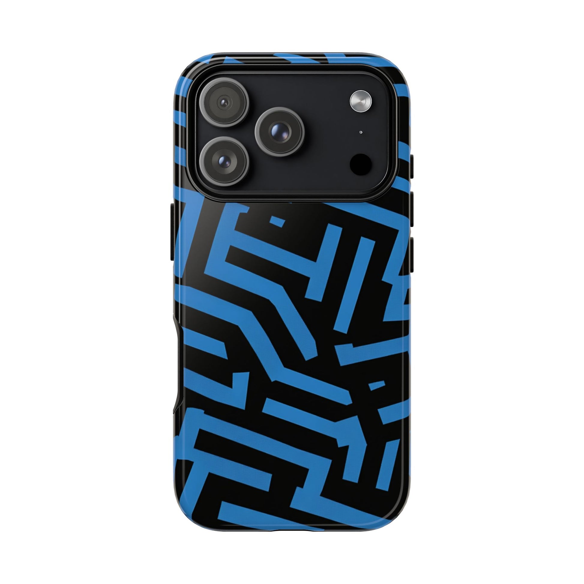 Blue maze geometric phone case with cobalt pattern on black background
