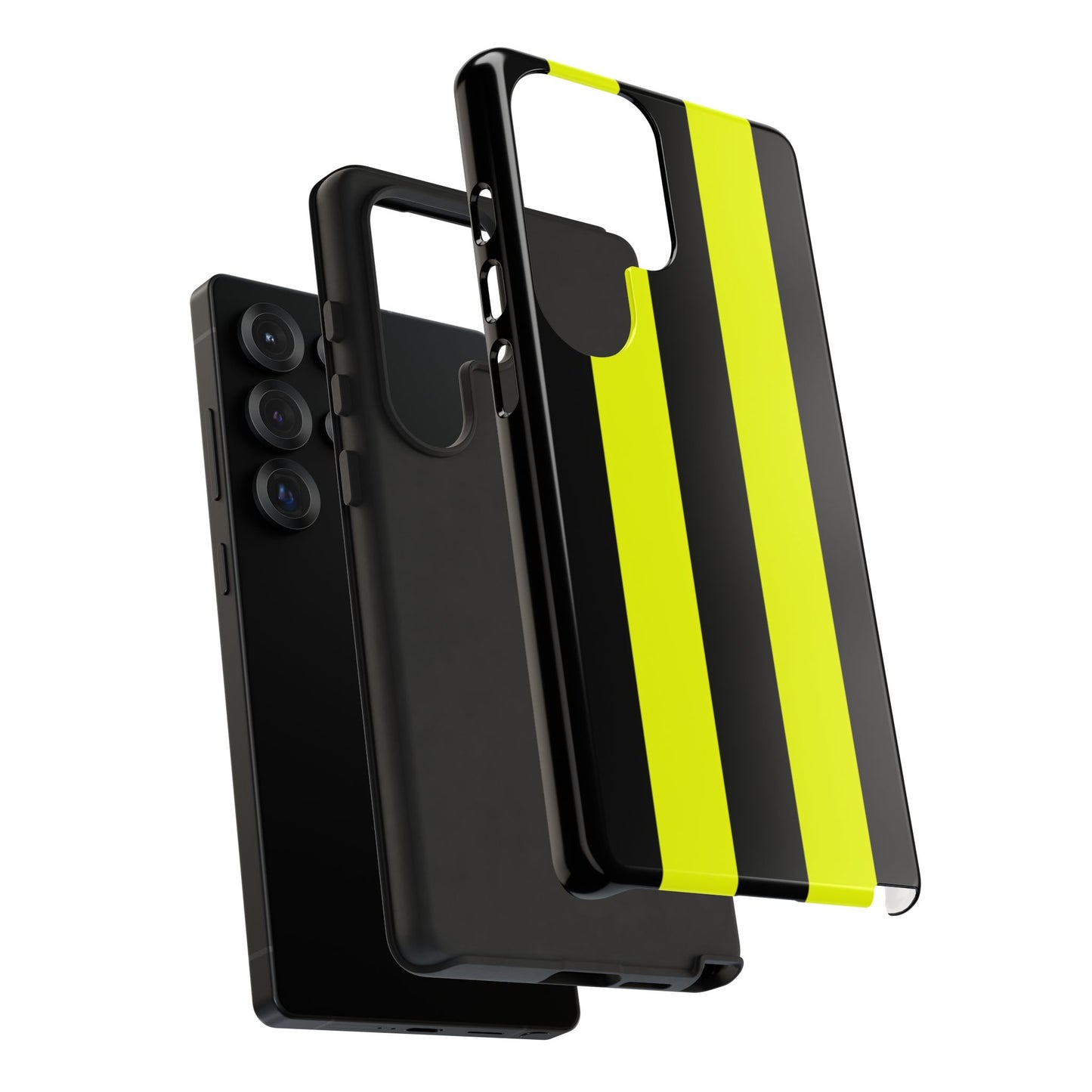 Yellow and black vertical racing stripes tough case with shock-absorbing TPU liner for maximum protection
