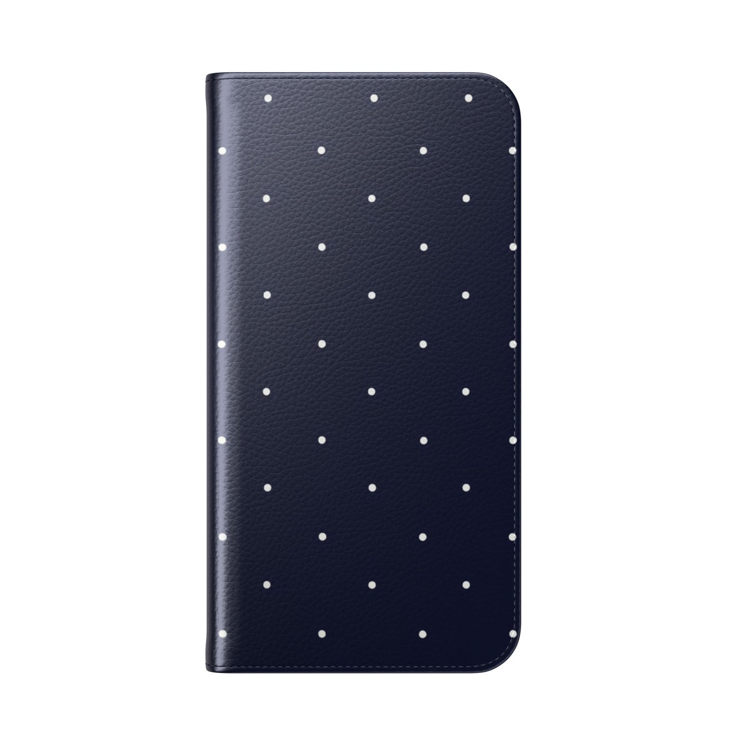 Dark blue polka dot phone wallet case with white dots, D-ring attachment and hands-free stand for iPhone Samsung Galaxy
