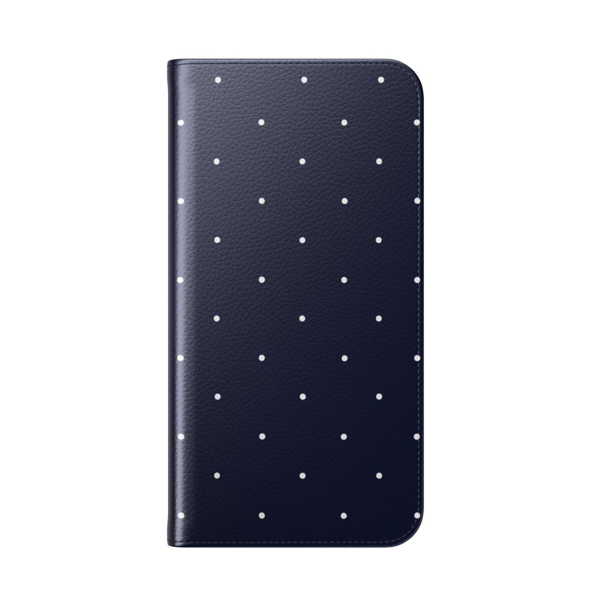Dark blue polka dot phone wallet case with white dots, D-ring attachment and hands-free stand for iPhone Samsung Galaxy
