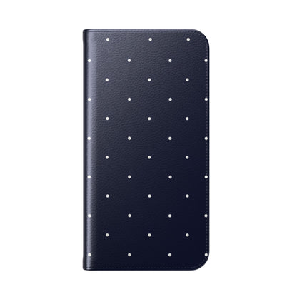 Dark blue polka dot phone wallet case with white dots, D-ring attachment and hands-free stand for iPhone Samsung Galaxy

