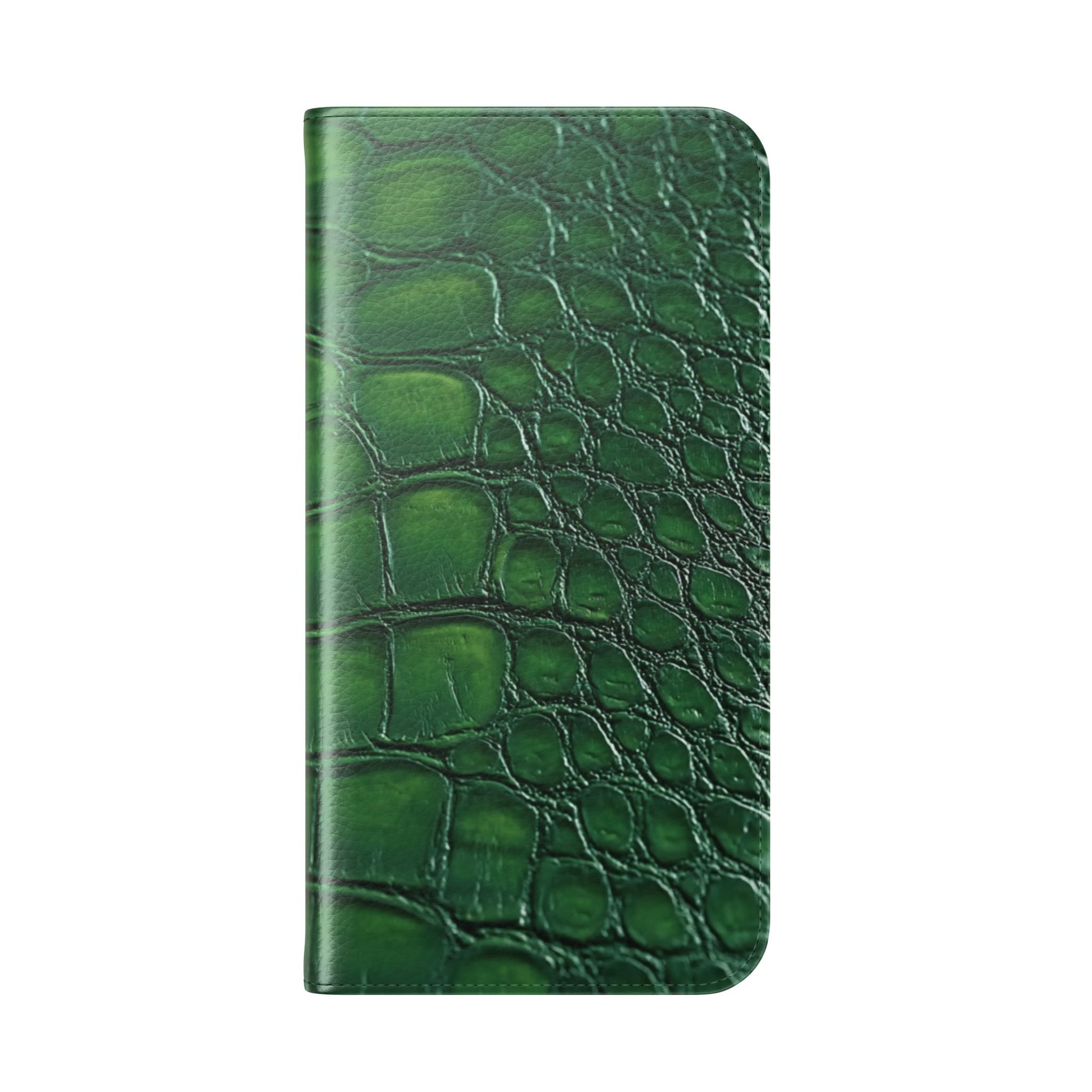 Green faux crocodile leather phone wallet case with D-ring attachment and hands-free stand for iPhone Samsung Galaxy
