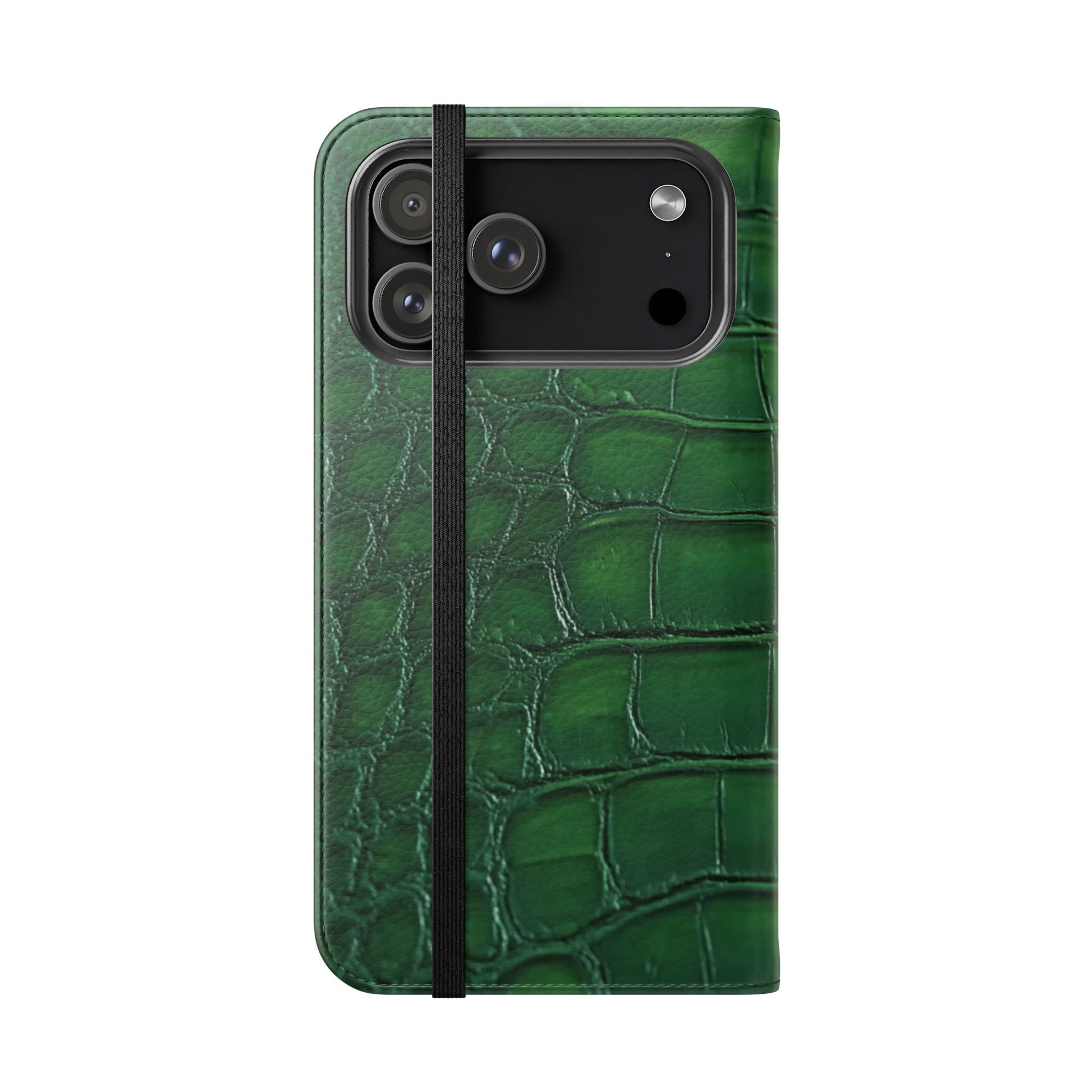 Luxury crocodile pattern flip case in deep green with built-in kickstand and card holder slots for all phone models
