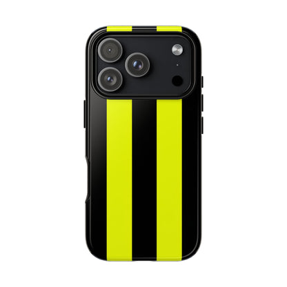 Bold motorsport racing stripe phone case in electric yellow featuring high-performance design aesthetic
