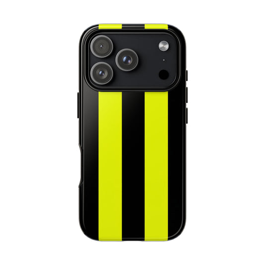 Bold motorsport racing stripe phone case in electric yellow featuring high-performance design aesthetic
