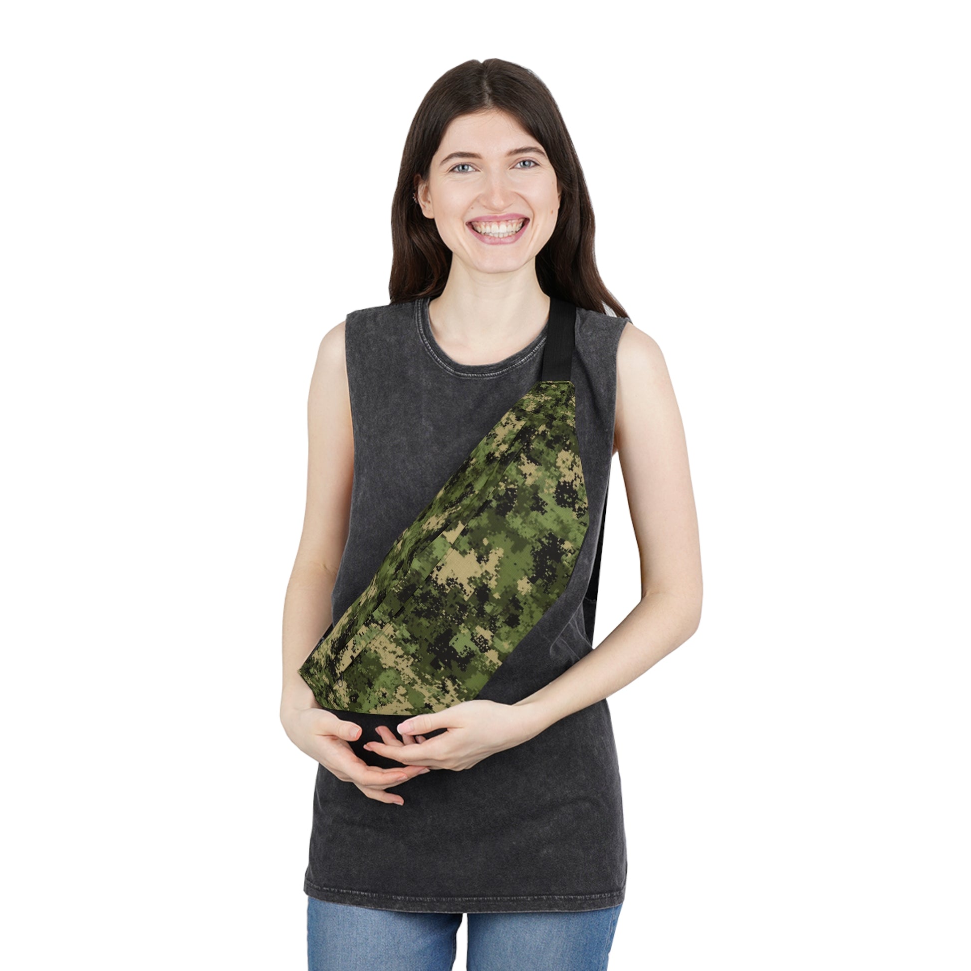Woman traveling with green camo waist bag – lightweight crossbody fanny pack for travel
