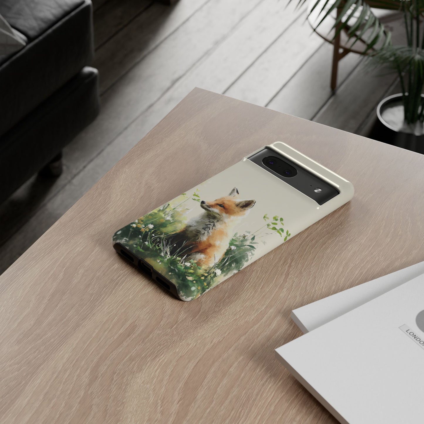 Google Pixel phone with Fox in Wildflower case showing wireless charging compatibility
