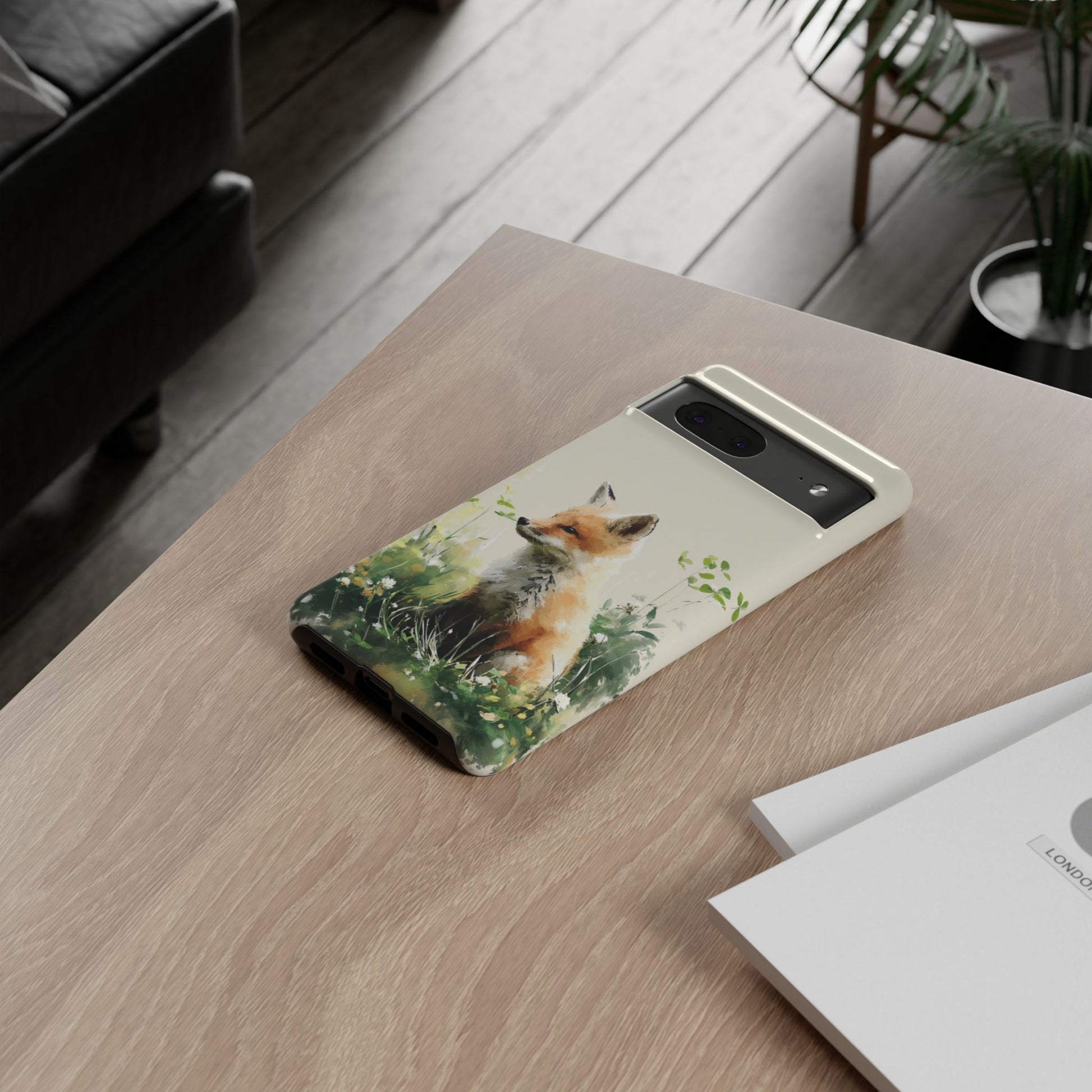 Google Pixel phone with Fox in Wildflower case showing wireless charging compatibility
