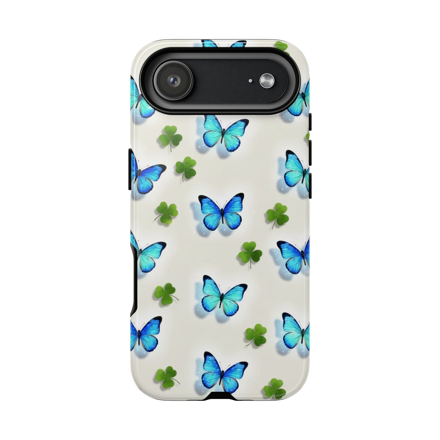 Funda protectora resistente con diseño de mariposas y trébol de la suerte para iPhone, Samsung Galaxy y Google Pixel: diseño de mariposas azules
