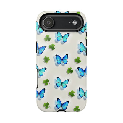 Funda protectora resistente con diseño de mariposas y trébol de la suerte para iPhone, Samsung Galaxy y Google Pixel: diseño de mariposas azules