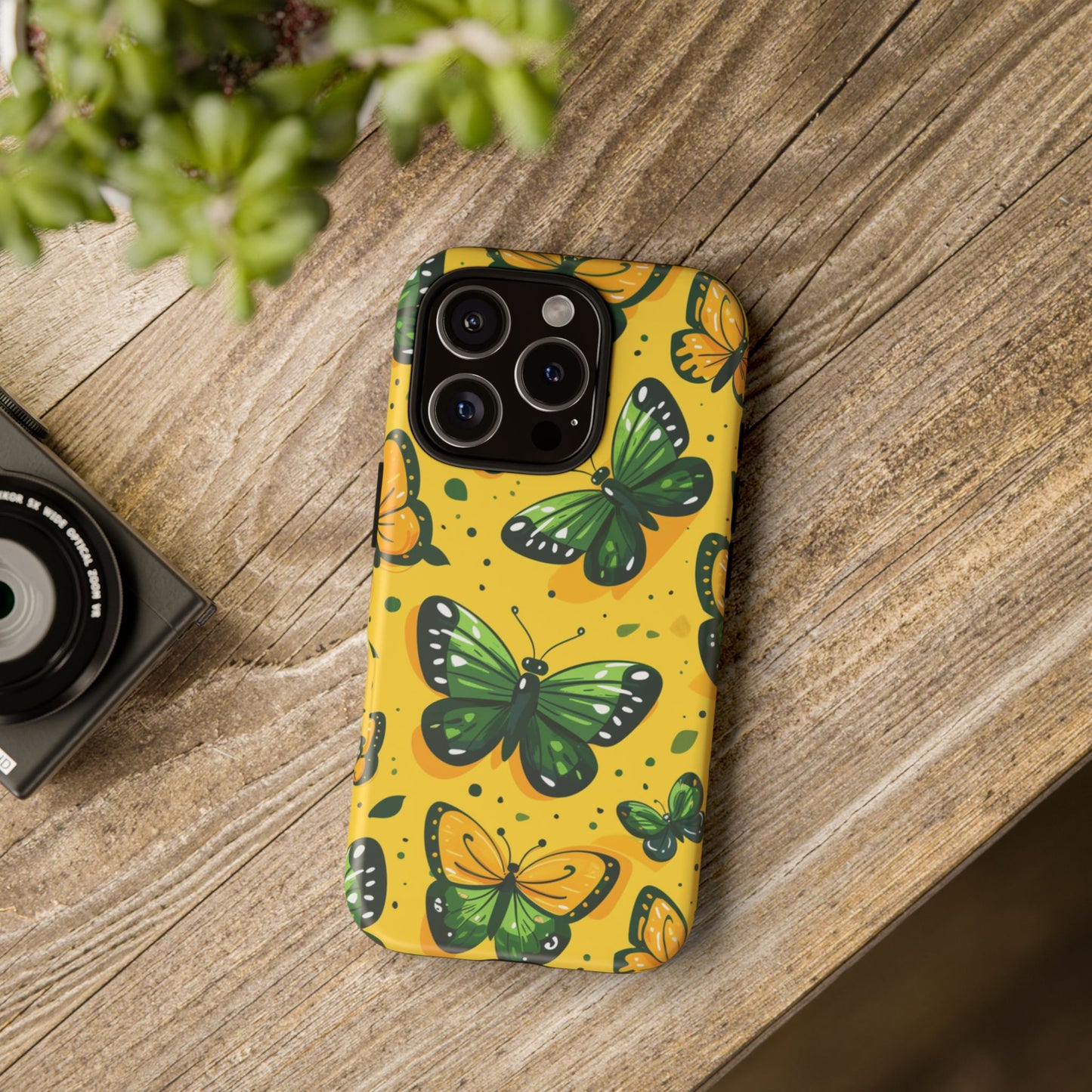 Green Butterflies Tough Phone Case - Yellow Cartoon Design Protective Cover for iPhone, Samsung Galaxy & Google Pixel