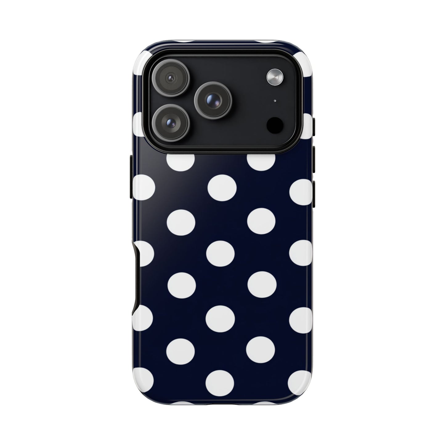 Slim protective case with timeless navy polka dot pattern
