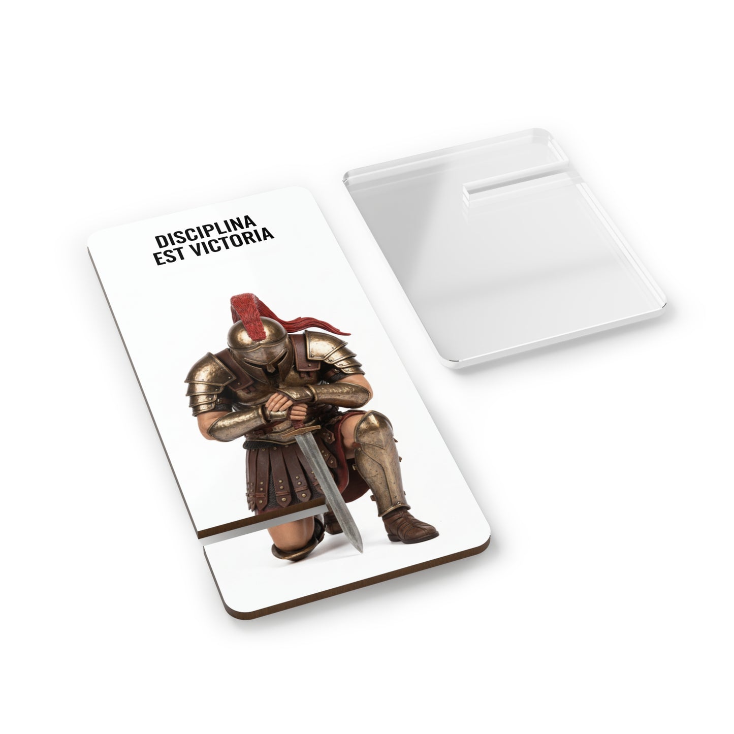 Roman Soldier Phone Stand - Kneeling Warrior Holding Sword on White Background
